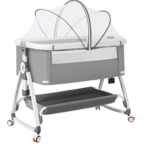 ベビーベッド 鋼 コンパクトで折畳可能 持ち運びしやすい添い寝ベッド 揺りかごに変身可能 おりたたみ 消音昇降機能とキャスター付き 多機能 軽量 出産祝い 新生児0ヶ月から (グレー)