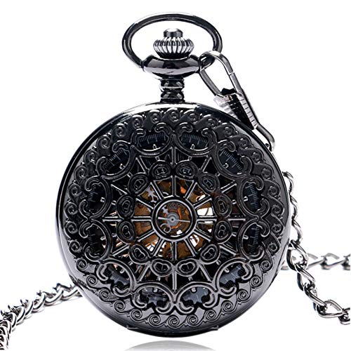 XXNYD Roman Numberal Pocket Watch Spider Web Pattern Mechanical Hand-Wind Clock Hour with Pocket Chain Black