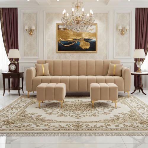 Image of Harmonica 3 Seater Modular L Shape Sofa Set with 2 Ottoman| Soft Velvet Upholstery, Sturdy Wooden Frame | Modern Sofa for Living Room, Hall & Office Spaces (Beige)