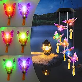 Solar Butterfly Wind Chimes,Wind Chimes Color Changing Hanging Solar Lights Outdoor,Waterproof LED Automatic Sensor Lights with Bell Hanging Lamps Gifts for Mum Kids Decor Garden