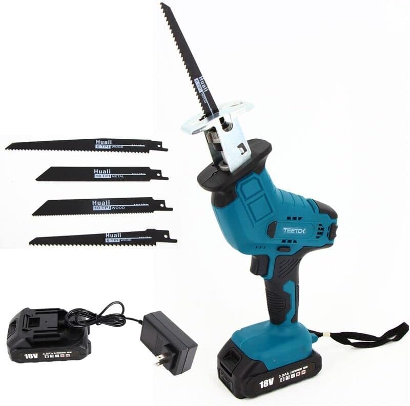 Cordless Reciprocating Saw, Electric Pruning Saber Saw, 4pcs Blades and 3.0Ah Battery Included for Garden Metal Wood PVC Pipe Tree Pruning Cutting, Compatiable with Makita 18v Battery