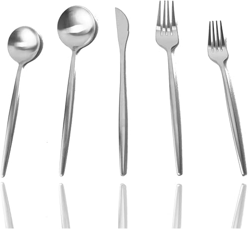 JASHII - Juego de cubiertos plateados de acero inoxidable con acabado mate, incluye tenedores, cuchara, cuchillos, cubiertos para 4, aptos para