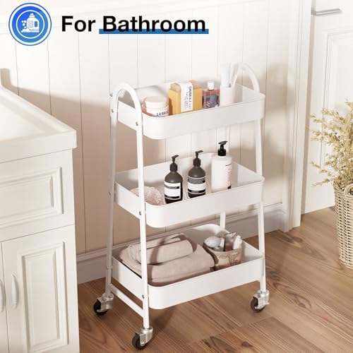 Image of OLIXIS Metal Utility Cart, Mobile Rolling Storage Shelf with Lockable Caster Wheels, Organization for Livingroom, Bathroom & Narrow Places, 3 Tiers White