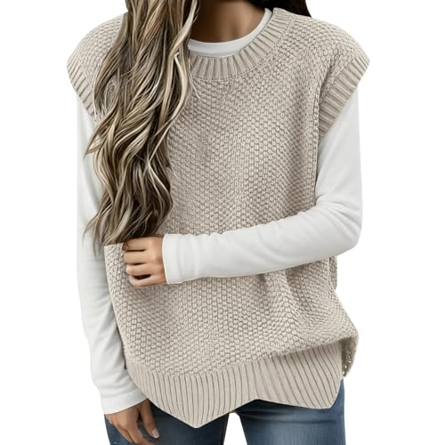 Generisch Ärmellose Strickweste Damen Pullunder Weste Einfarbig Kariert Teenager Mädchen Freizeit Strick Pullover Elegant Herbst Gerippter Vest...