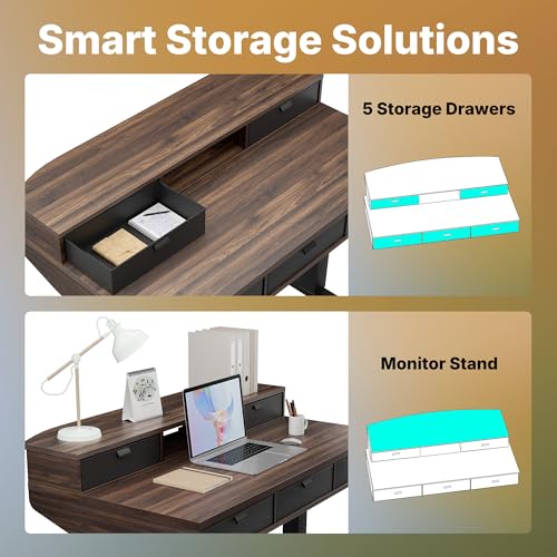 Image of HUANUO 40 X 24 inch Electric Standing Desk with 4 Drawers, Adjustable Height Sit Stand Home Office Desk, C-Clamp Mount Compatible, Ergonomic Stand up Desk with 4 Preset Heights, Walnut