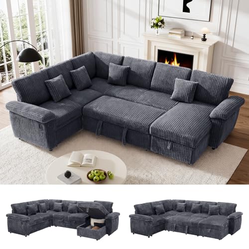Image of Sectional Sleeper Sofa, Fluffy Soft Corduroy Couch with Pull Out Bed and Storage Chaise, Modern Comfy U Shaped Couch with USB Charger for Living Room Apartment Small Spaces, Dark Grey