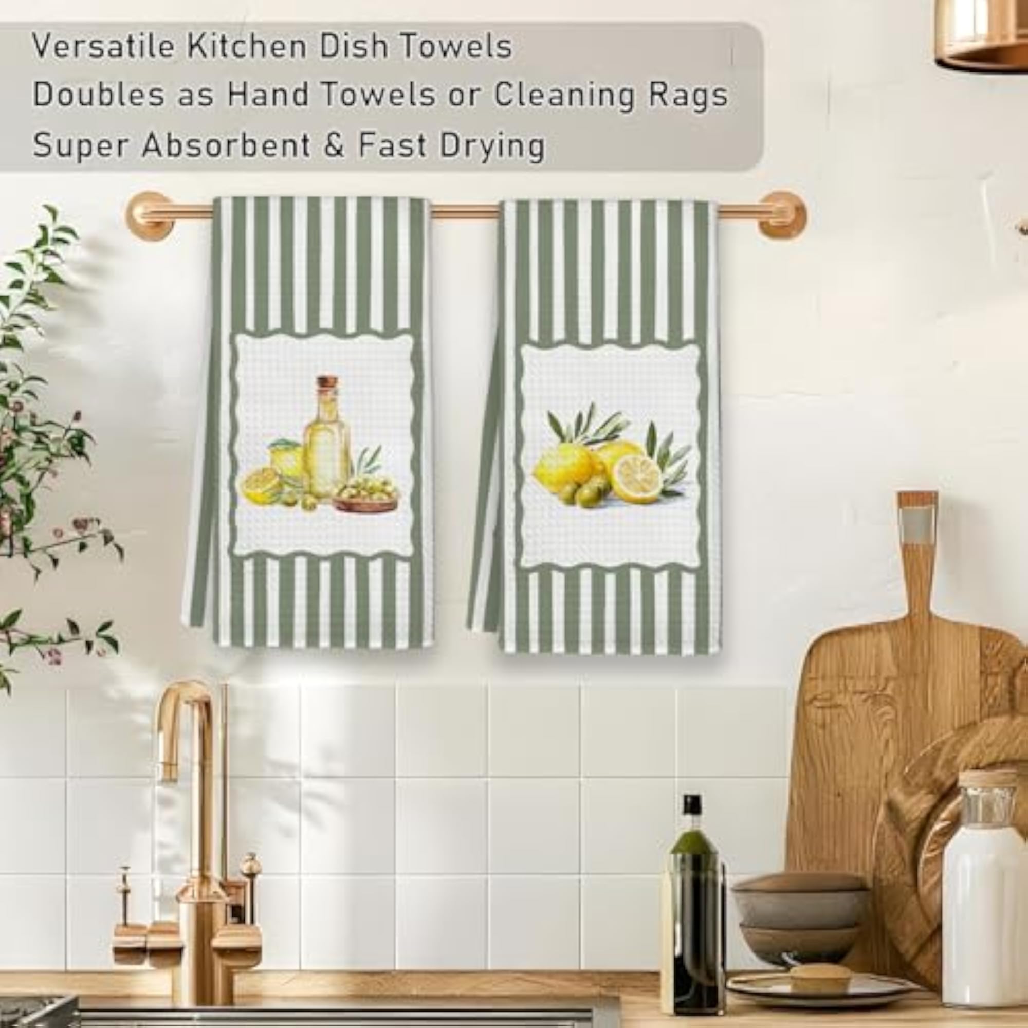 Farmhouse Lemon Olive Kitchen Towels, Rustic Sage Green Stripes
