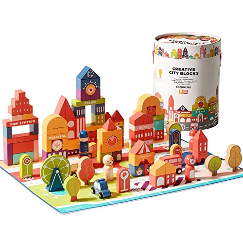 Solid-Wood Town Building Blocks Set for Kids-Includes Carrying Container and Puzzle,Toddler Toys Construction Stacker for Boy and Girl Gifts 3Y+ Cover