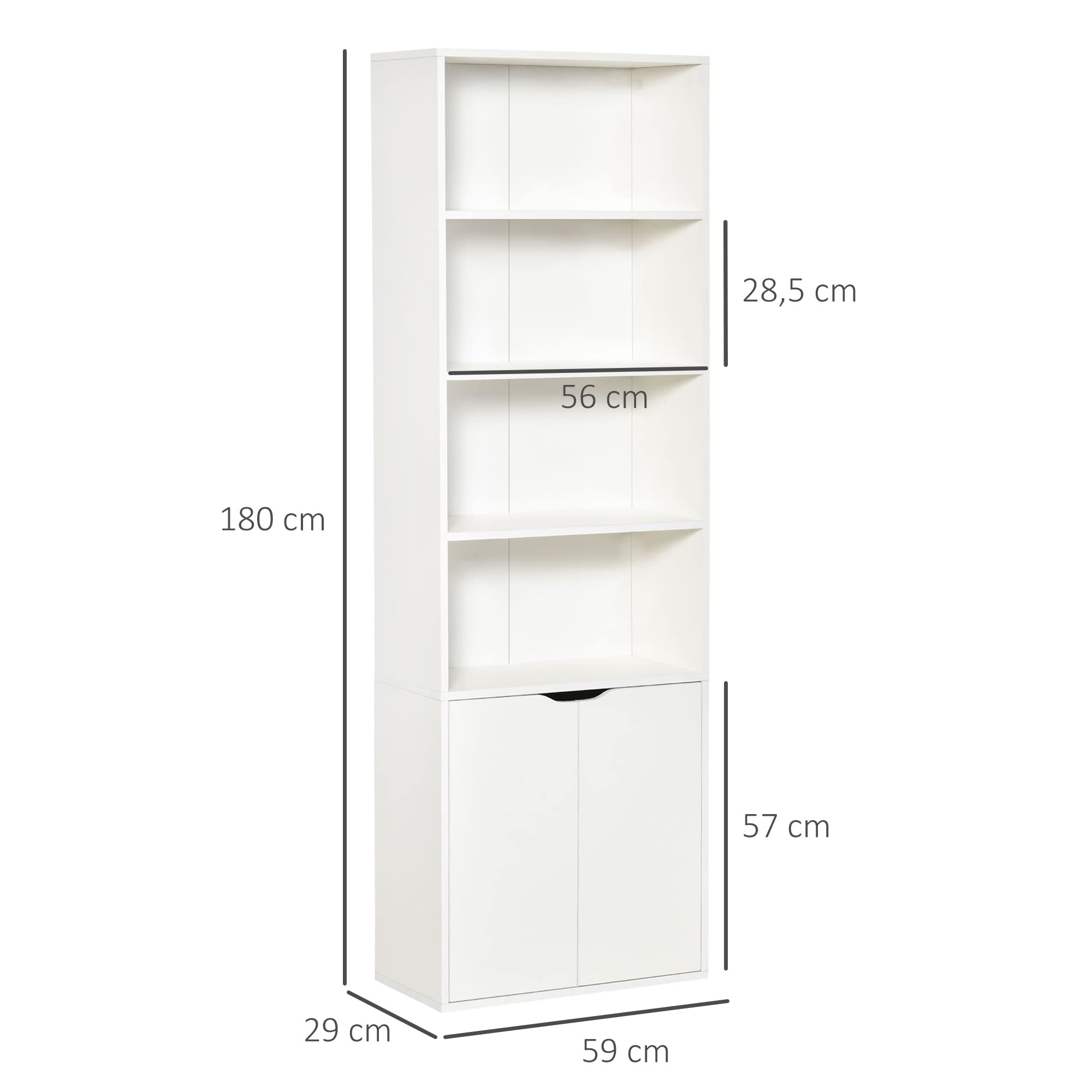 HOMCOM Estantería para Libros de 6 Niveles, Librería con 2 Puertas, 4 Estantes Abiertos, Armario Alto para Salón, Estudio, Oficina, 59x29x180 cm, Blanco