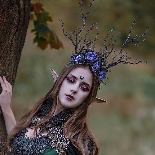 MOSTORY Geweih-Haarreif mit Zweigen für Damen, Waldgeweih-Haarreif mit blauer Blume für Renaissance-Cosplay-Kostüm