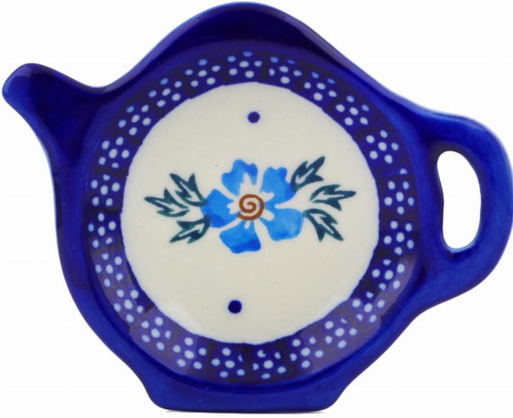 Polmedia Polish Pottery Tea Bag or Lemon Plate - Blue Cornflower Pattern Handmade in Boleslawiec Poland by Ceramika Bona + Certificate of Authenticity
