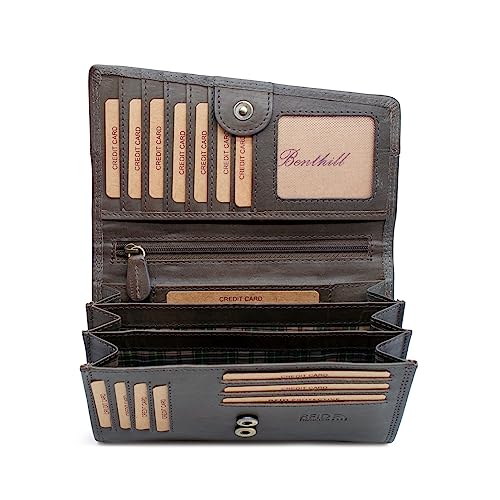 Benthill Geldbörse Damen Groß Echt Leder - RFID Portemonnaie Gross aus echtem Rindsleder - XXL Geldbeutel mit vielen Kartenfächer, Farbe:Grau