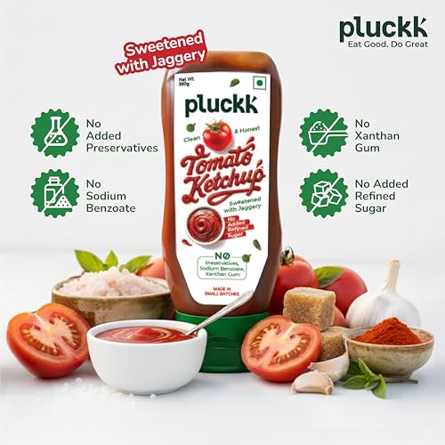 Image of Pluckk Tomato Ketchup - 350g | Tomato Sauce | Sweet & Tangy Sauce Made with Fresh & Natural Ingredients | Made with Jaggery | No Added Sugar & Preservatives, No Sodium Benzoate & No Xanthan Gum
