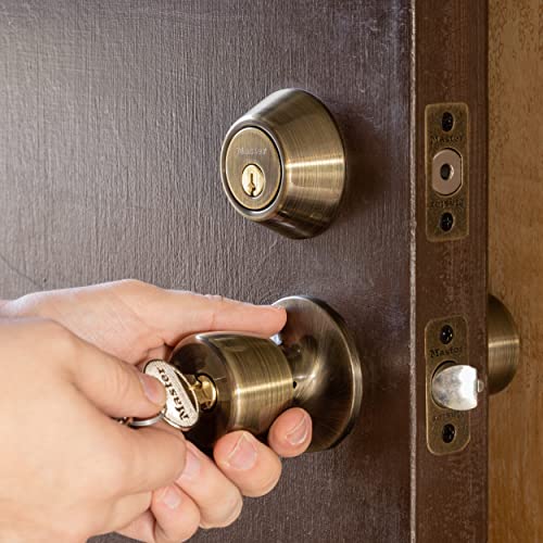 Master Lock Keyed Entry Door Lock, Single Cylinder Deadbolt With Matching Tulip Style Knob, Antique Brass, Tuco0605,Combo #TOP2