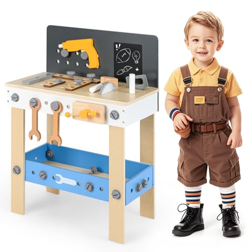 HOMASIS Banco de Trabajo para niños, Banco de Herramientas de Madera, Taller con 36 Accesorios, Pizarra, encimera y Estante Inferior, Banco de Trabajo con Herramientas, Banco de Trabajo