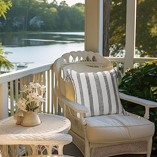 Smile Bee Boho Outdoor Throw Pillow Covers Set Of 2, Decorative Woven Striped Pillow Covers With Tassels For Couch Bed Sofa, 18X18 Inch, Grey And Cream White #TOP6