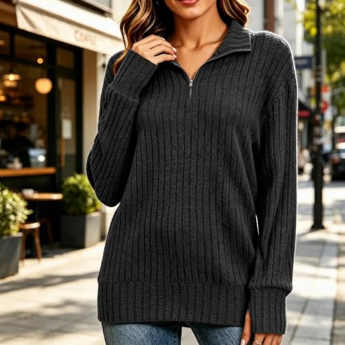 Women's Dressy Casual Ribbed Sweaters Shirts Long Sleeve Half Zip Fall Tops - image 5