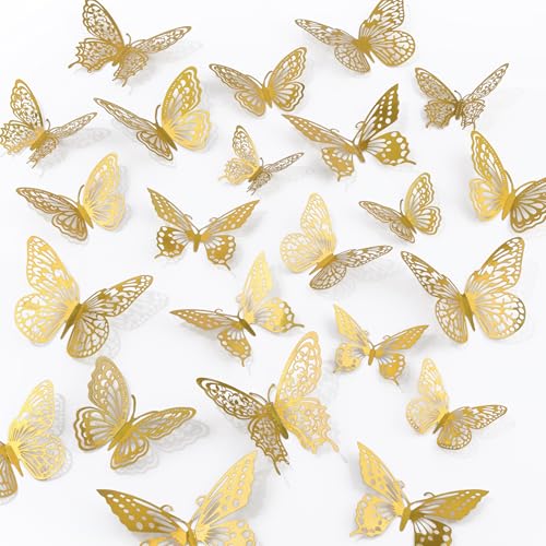 Phuryllic Butterfly Wall Decor 48pcs 3D Butterfly Stickers in 3 Sizes & 4 Styles for Balloon Arch & Cake Decorations Cute Decals for Girls Room & Birthday Party Gold