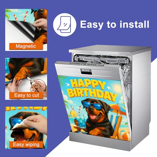 Image of HOMETITUTE Happy Birthday Dishwasher Magnet Cover 23x26 in Dog Beach Theme Dishwasher Magnet Cover for Kitchen Appliance Decoration Front Panel Sticker Rustic Art Skin Panel Home Decor Decal