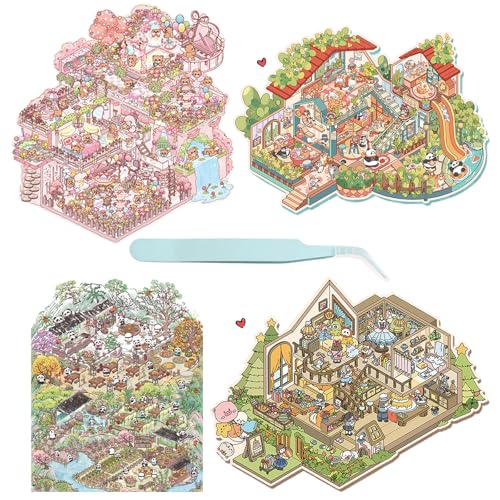 FOSDICK 4 Sets Grand Autocollants de Scène, 3D Stickers Scene Miniature, DIY 3D Autocollants Maison, 3D House Stickers, Autocollants 3D pour Maison, Cafe, Boutique, avec Pincette