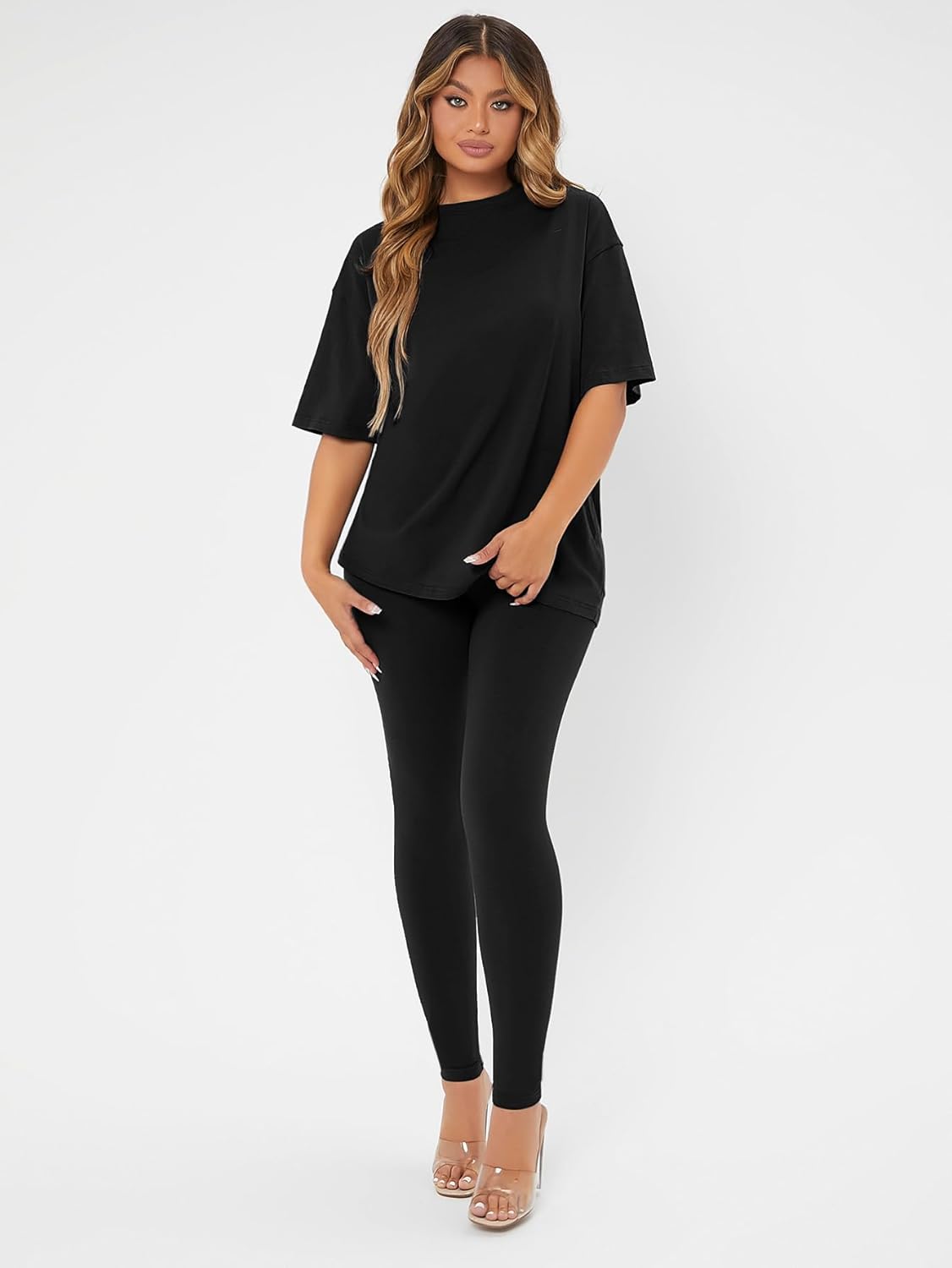 Verdusa Women's 2 Piece Workout Sweatsuit Sets Short Sleeve Loose Tee Top and Leggings - Image 3