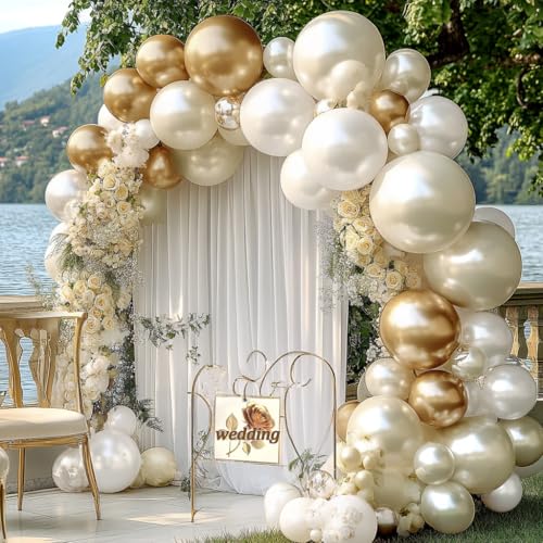 Beige Gold Balloons - Double Stuffed Sand White Balloon Garland Pearl White Cream Balloons Metallic Gold Balloon Arch Kit for Wedding Baby Shower Bridal Shower Birthday Anniversary Boho Decoration - Thumbnail 2