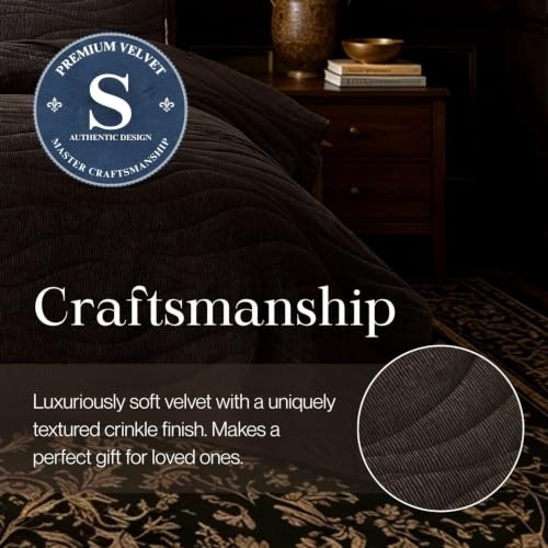 Image of DOWN HOME Crinkle Textured Velvet Quilt Set with Shams, All-Season Luxury Modern Bedding,Easy Care Comforter,Ultra-Soft,Lightweight & Breathable, Cali King, Antique Brown