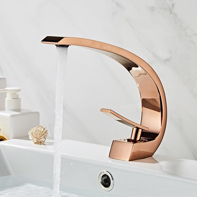 Robinet de bassin arc cascade en or rose élégant pour lavabo design