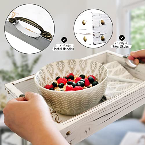 Coffee Table Tray Serving Tray With Handles – 3-Piece Vintage-Style Rustic White Decorative Tray Set – Ottoman Tray For Living Room, Breakfast & Bed Tray Decor – Fir Wood Tray Set By Rustic Sisters #TOP4