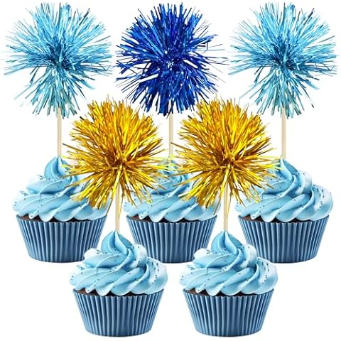 Gyufise 30Pcs Foil Firework Cupcake Toppers Sparkle Tinsel Cake Toppers Tinsel Drink Cake Decoration Cocktail Picks for Birthday Wedding Graduation Party Supplies Gold Light Dark Blue Cover