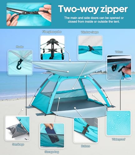 Dewur Strandmuschel 2-4 Personen Pop Up Strandzelt mit Sonnensegel UPF 50+ UV Sonnenschutz Wasserdicht für Familien Strand Camping Garten, Blau – Bild 5