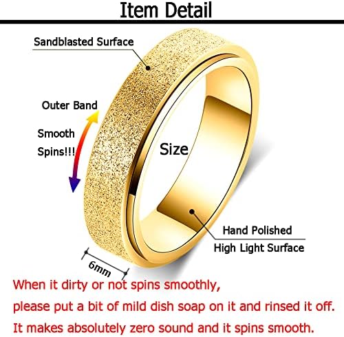 Fidget Ring Women Anxiety Spinner: Fidget Toys Adults Thumb Ring Stainless Steel Spinning Ring Rainbow Gold Black Silver Color (Gold-6mm, 8) - 1