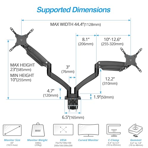 Image of AVLT Dual Monitor Arm Desk Mount for 13-43 inch Screens, Heavy Duty - Black | Supports flat /curved /ultrawide screens up to 44 lbs each. Smooth gas spring, USB 3.0 /AUX, 4 VESA sizes and cable management
