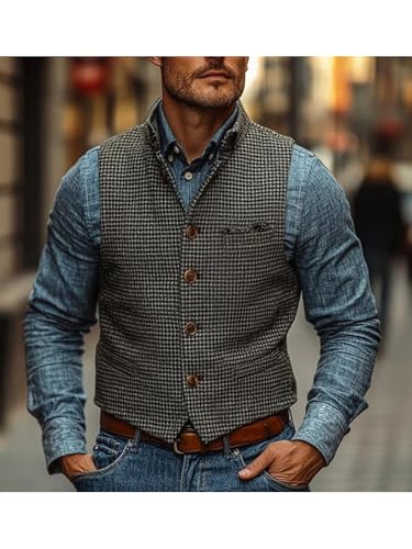 VENNYNG Houndstooth Mandarin Collar Vest for Men Slim Fit Formal Waistcoat Autumn Casual Adjustable Back Tweed Texture4