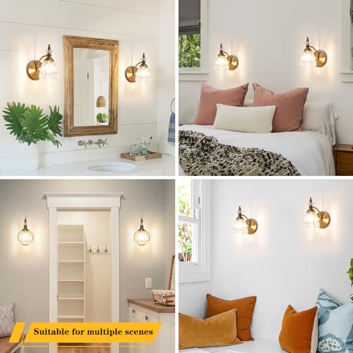 Image of Brushed Antigue Brass Wall Sconces Set of Two, Hardwired Bathroom Vanity Light Fixtures, Vintage Sconces Wall Deco Set of 2, Glass Wall Lights for Bathroom, Bedroom,Hallway (Excludes G9 Bulb)