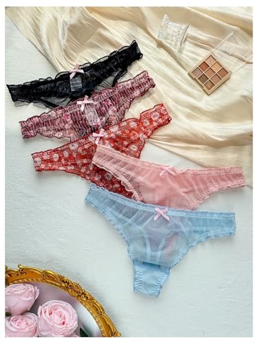 Image of SHENHE Women's 5 Packs Floral Lettuce Trim Bow Low Rise Cute Thong Panties Underwear