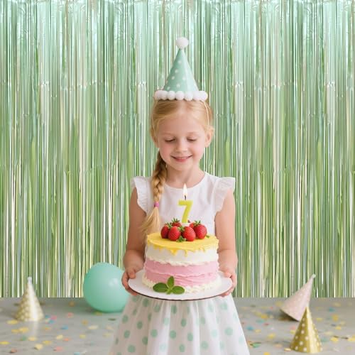 Image of TONIFUL 3Pcs Sage Green Door Streamers,Green Photo Booth Backdrop,Metallic Streamers Green Foil Fringe Curtains for Birthday,Christmas,New Year,Bachelorette Party Decorations