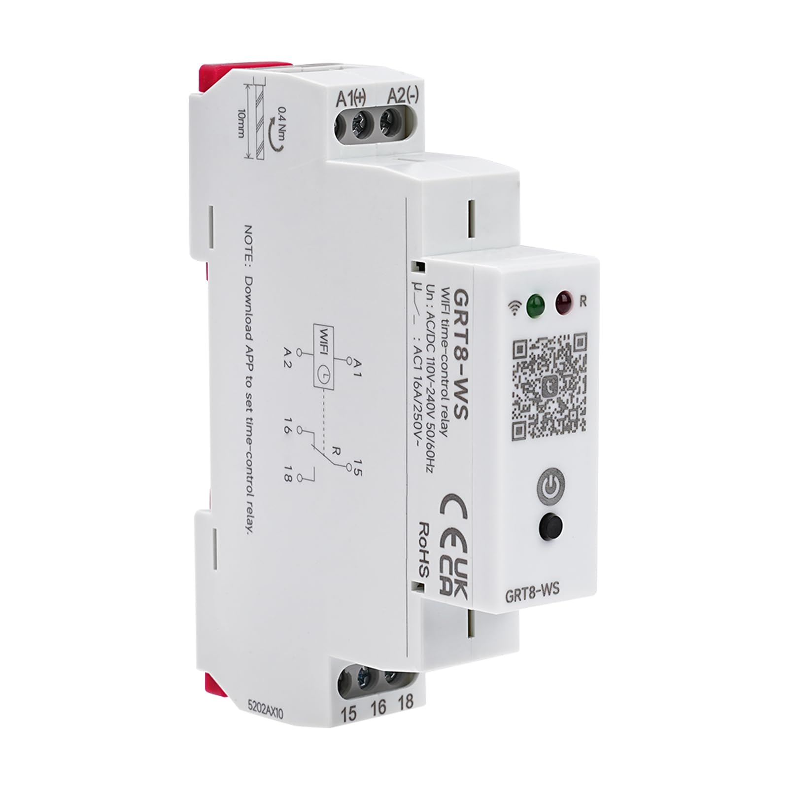 Relè WiFi Interruttore Temporizzato 220V, Tuya Smart Interruttore Orario WiFi su Guida DIN Intelligente Relè Temporizzato Controllo Remoto Tramite APP Tuya (AC/DC 110-240V 16A, GRT8-WS)