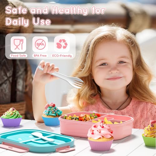 Image of Lunch Box Kid Adult Bento Box, 4-Compartment Food Lunch Containers with Fork & Spoon, BPA Free, Leak-Proof Bento-Style Lunch Box for Work School, Microwave & Dishwasher Safe (Candy)