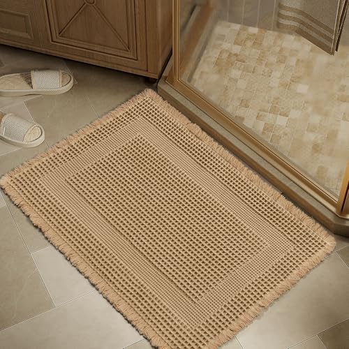 WondRg Non Slip Waffle Bath Mat, Super Absorbent Washable Bathroom Rug, Quick Dry Bathroom Floor Mat in Laundry Room, Ultra Soft Doormat Shower Rug with Tassel, Brown, 24"x36" 2' x 3' (Recta