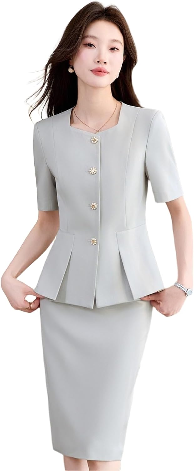 Short Sleeve Blazer and Pleated Skirt Set Women's Spring Summer Interview Suit