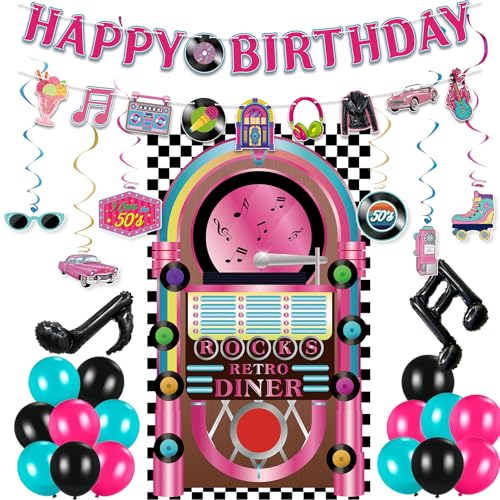 Crenics 50s Theme Birthday Decorations - 50s Retro Diner Backdrop Happy Birthday Banner Hanging Swirls and Balloons for Sock Hop 1950s Rock and Roll Party Supplies
