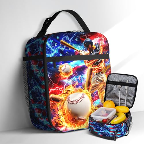 Boys Lunch Box for School Insulated Baseball Lunch Bag for Kid Boys Girls Teen Bento Boxes to School Office Picnic Travel Hiking Camping Lunchbag Waterproof Leakproof with Adjustable Shoulder Strap