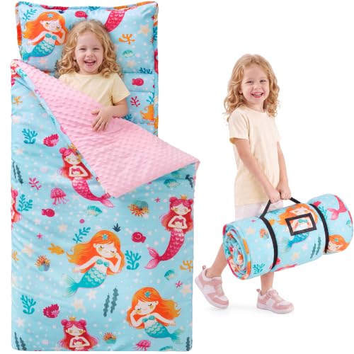 Image of JOIEDOMI Toddler Nap Mat with Removable Pillow and Minky Blanket 55''x30'' Kids Sleeping Bag for Boys and Girls Ages 3-6 Roll Up Soft Nap Mats for Preschool Kindergarten Daycare Sleepover
