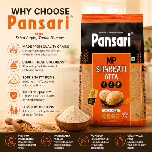 Image of Pansari 100% Natural MP Sharbati Wheat Atta 5 kg | Whole Wheat Flour | Freshly Milled | No Mixture | High Fiber | No Preservatives | Stone-Ground for Authentic Taste | 5Kg Pack