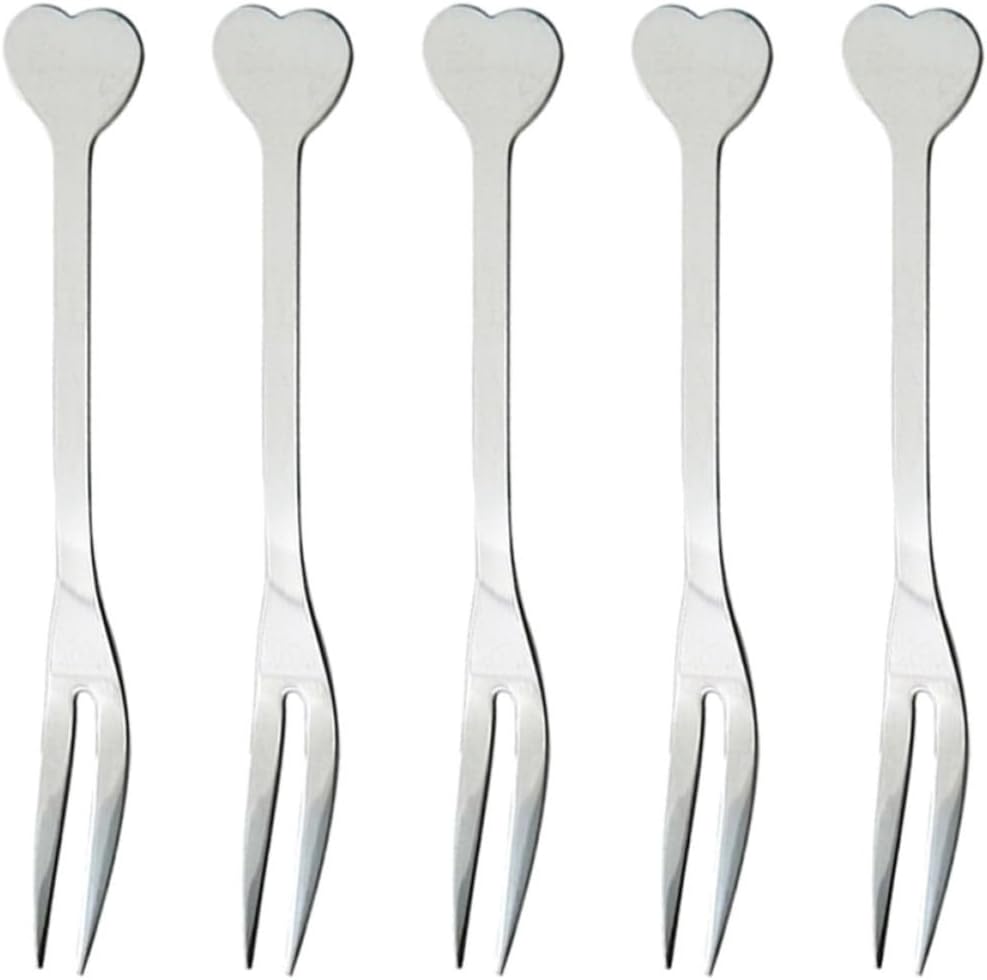 5pcs Stainless Steel Fruit Forks, Heart Shape Mini 2 Prong Picks