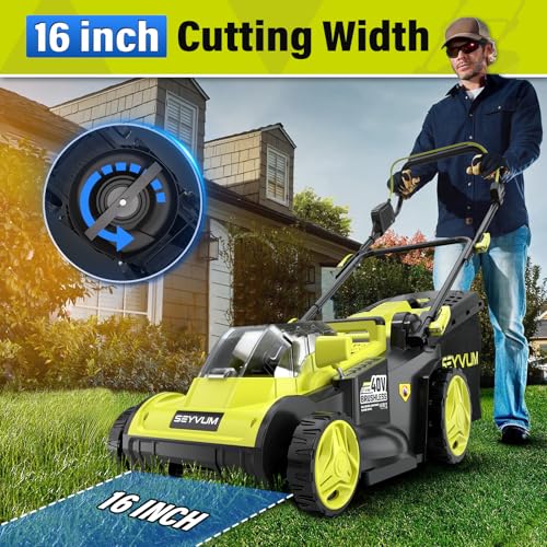 SEYVUM 40V 16-inch Cordless Lawn Mower with 45L Grass Collection Bag, 6 Position Height Adjustment Electric Lawn Mower, 2 x 20V 4.0Ah Battery Powered Push Lawnmower, 2.4A Fast Charger, Lemon Green - Image 3