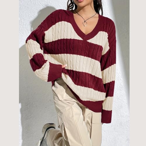 Image of Women Y2K Striped Sweater 90s Vintage Aesthetic Long Sleeve V-Neck Knit Pullover Jumper Loose Fall Sweatshirt
