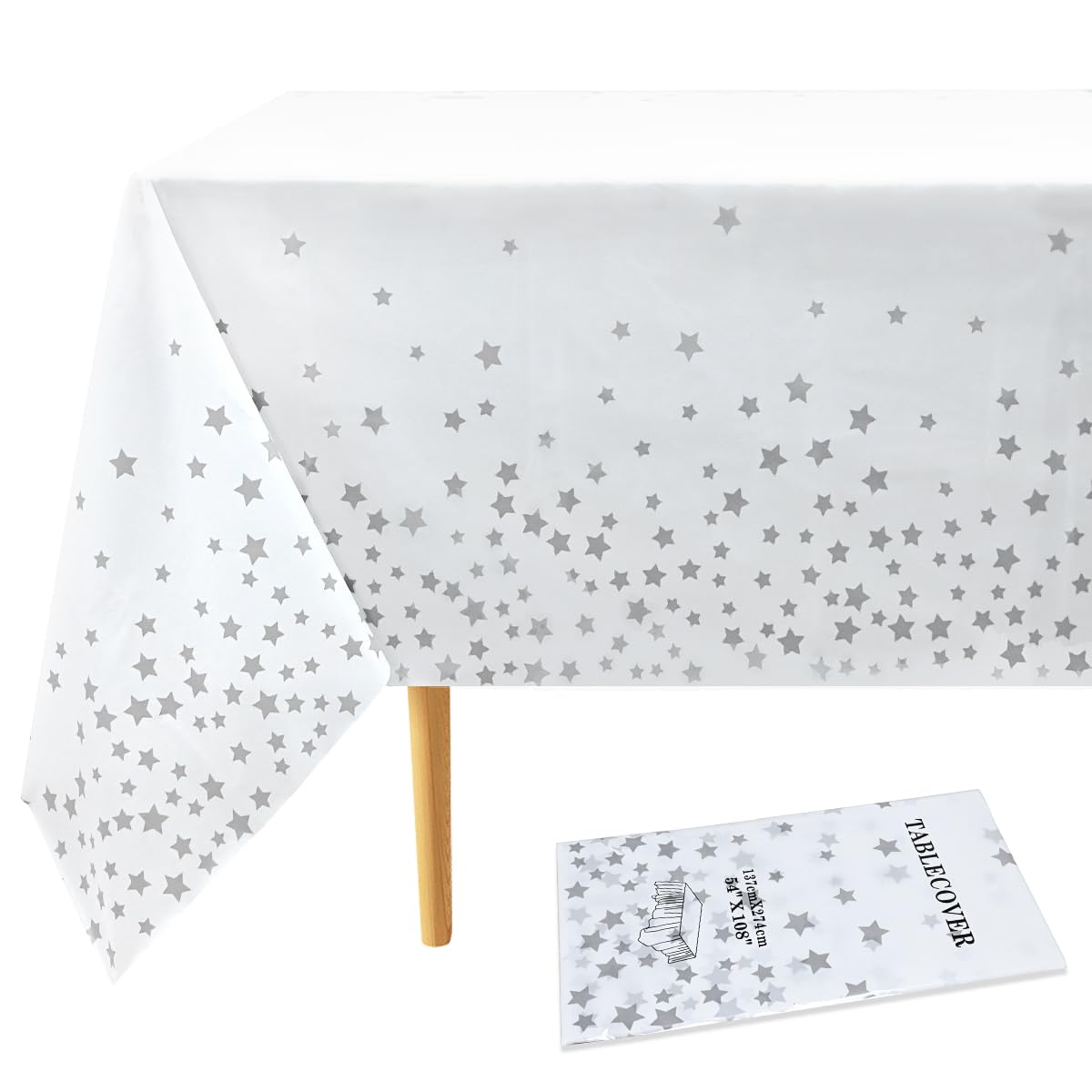 Topeedy1pcs White and Silver Tablecloth,137 * 274cmValentine‘s Day Plastic Silver Star Tablecloth for 6-8 Seater Dining Table, Disposable Waterproof Table Cover for Birthday Party Wedding Decoration