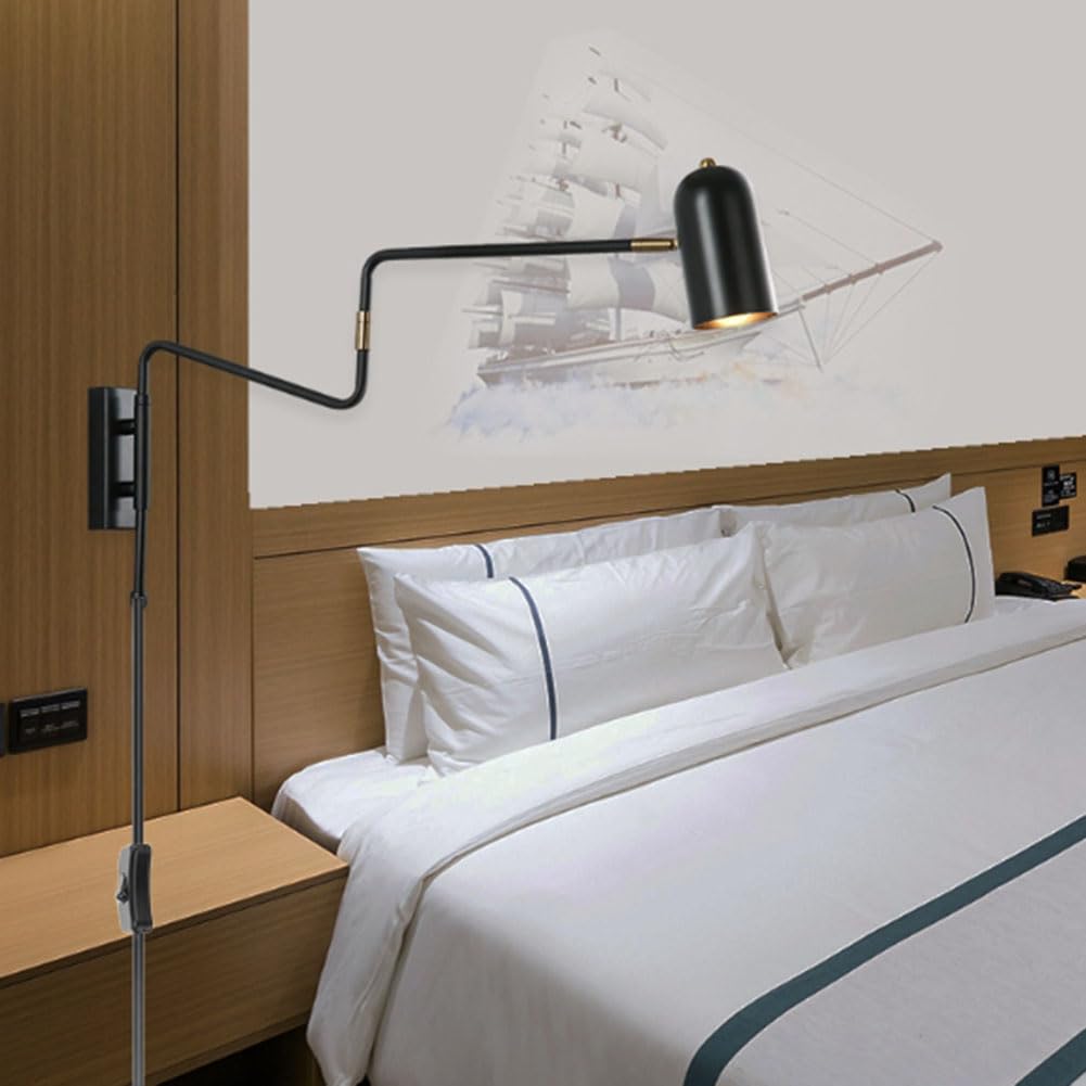 Vintage Wandleuchte mit Schalter und Stecker Wandlampe Verstellbarem Langen Arm Drehbarem Nachttischlampe E27 Innen Retro Industrielle Leselampe Teleskoparm Licht für Schlafzimmer Raum,Schwarz